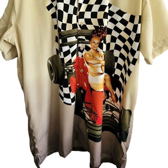 King Size Retro Fast Car And Girl Button Front Shirt - Picture 2 of 6